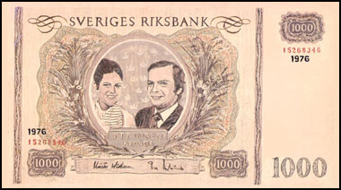 Le Roi et la Reine de Suède sur un billet de 1 000 Kronor